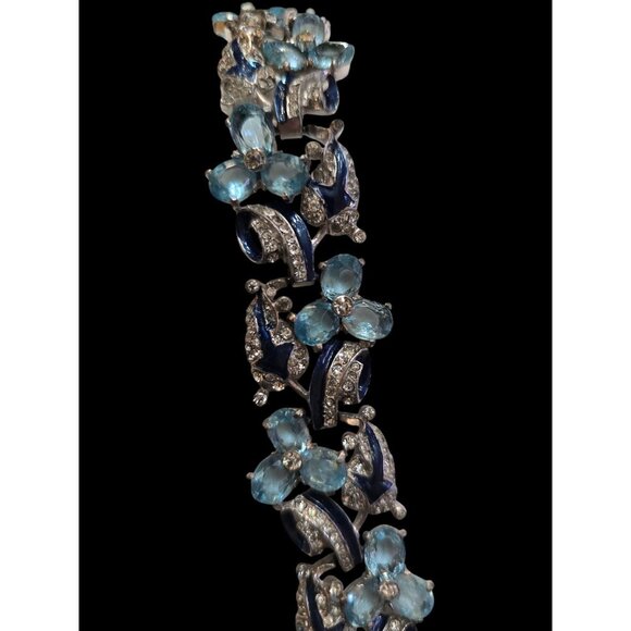 Vintage 1930s Rhodium-Plated Blue Enamel Trillium Bracelet Attributed to Mazer - Picture 3 of 13